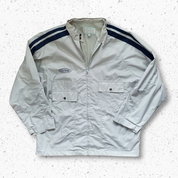 VTG Early Y2k GUESS Jeans Tan Soft Shell Windbreaker Jacket Sz L - Picture 1 of 5